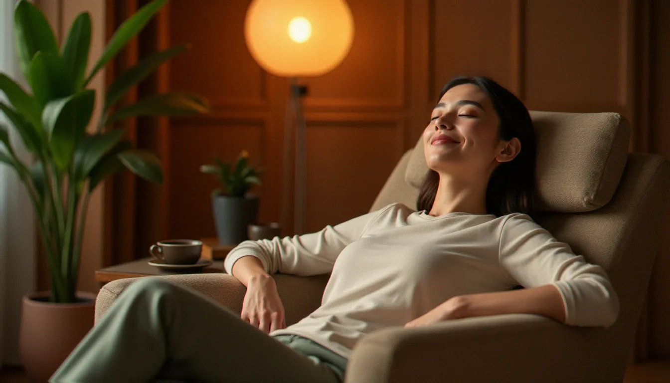 Personne visiblement apaisée et détendue après une séance de massage tui na, assise dans un fauteuil confortable dans un studio de bien-être à l'éclairage chaleureux