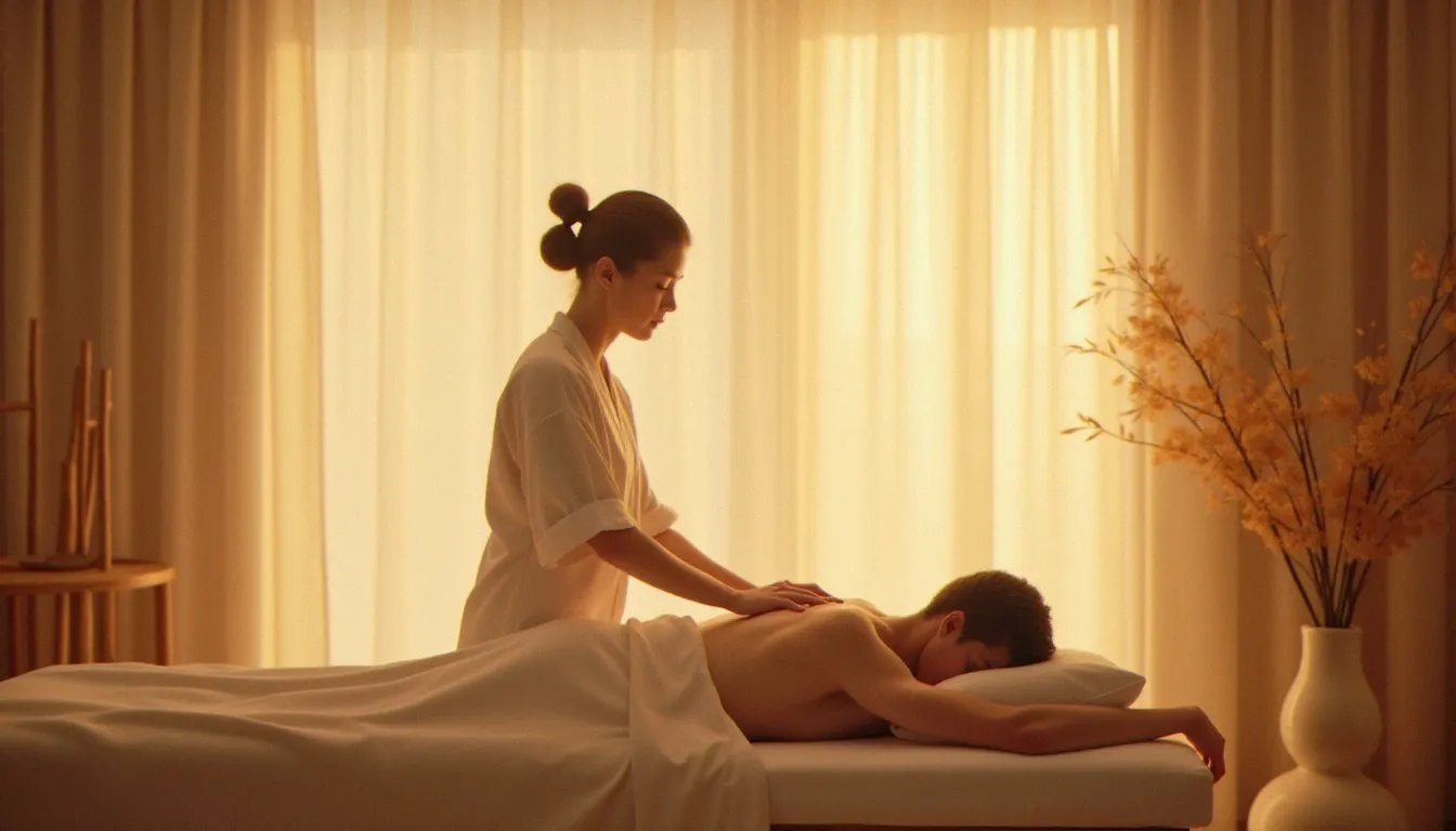 Praticienne réalisant un massage tui na sur le dos d'un client allongé dans un cabinet de bien-être chaleureux, illustrant les bienfaits du massage tui na