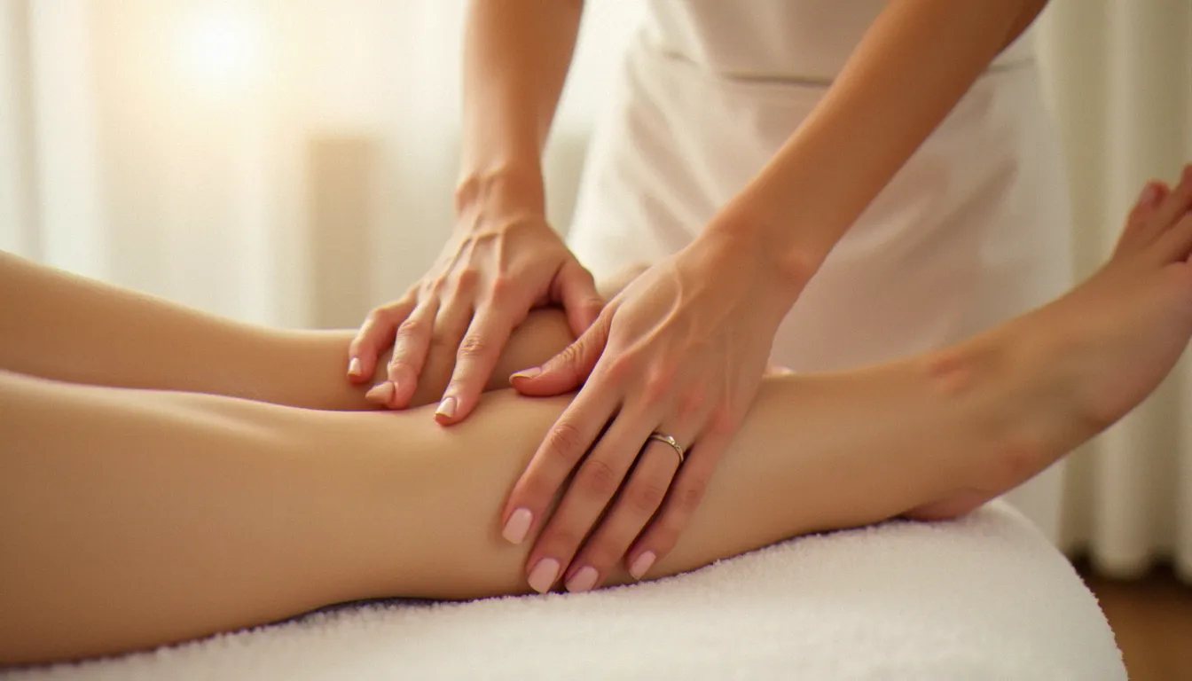 Gros plan sur des mains expertes réalisant un drainage lymphatique sur un mollet dans le cadre d'un massage des jambes professionnel