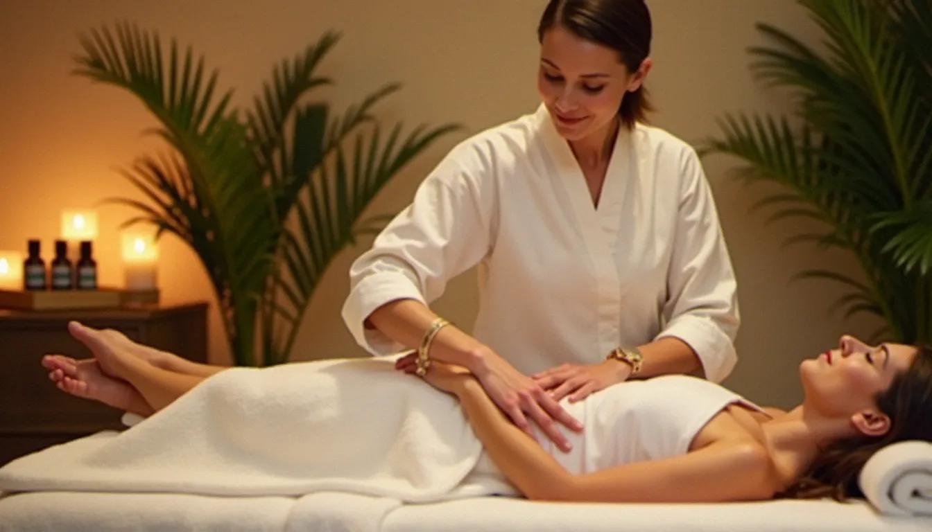 Praticienne en blanc réalisant un massage des jambes sur une cliente allongée dans un espace spa lumineux et apaisant