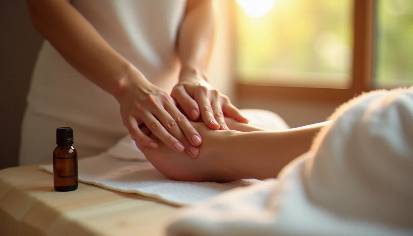 Séance de réflexologie plantaire, technique de massage énergétique agissant sur les zones réflexes du pied pour rééquilibrer le corps