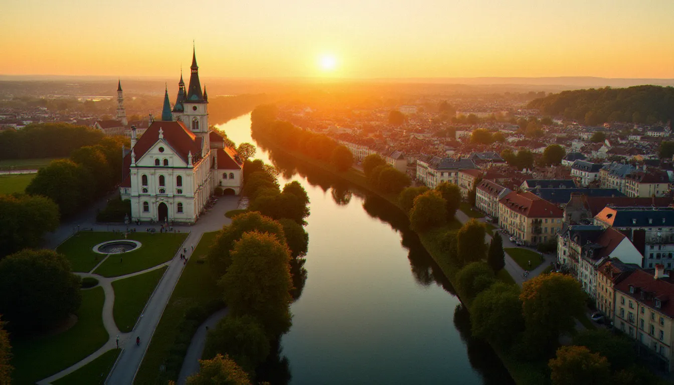 Vue panoramique aérienne de Vichy au coucher du soleil, cité thermale française et cadre idéal pour découvrir les massages énergétiques