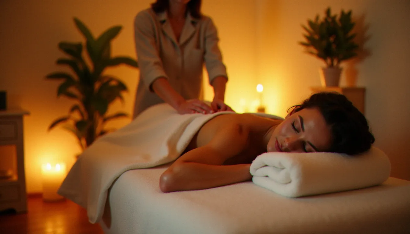 Praticienne réalisant un massage énergétique shiatsu sur une cliente allongée dans un cabinet bien-être chaleureux et apaisant