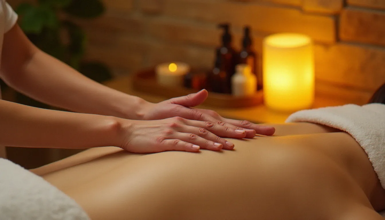 Gros plan sur les mains d'une praticienne exécutant un massage suédois sur le dos d'une cliente dans un cabinet de bien-être à La Rochelle