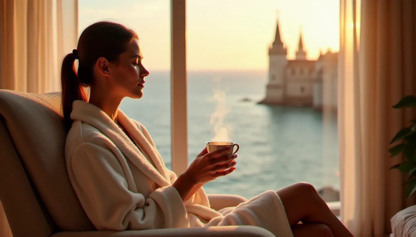Femme en robe blanche savourant une tisane dans un salon bien-être après sa séance de massage à La Rochelle, face aux tours médiévales du Vieux-Port