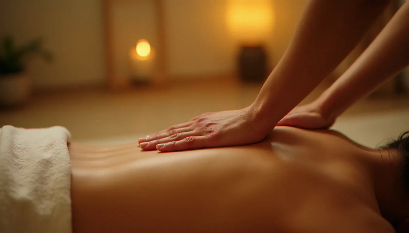 Gros plan des mains d'un praticien travaillant les lignes énergétiques du dos d'une cliente lors d'un massage thai traditionnel, technique d'acupression documentée