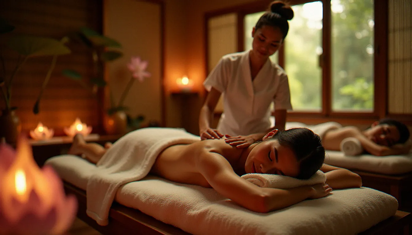 Femme détendue sur un futon de massage thai entourée de compresses aux herbes thaïlandaises chaudes dans un espace bien-être au décor asiatique authentique