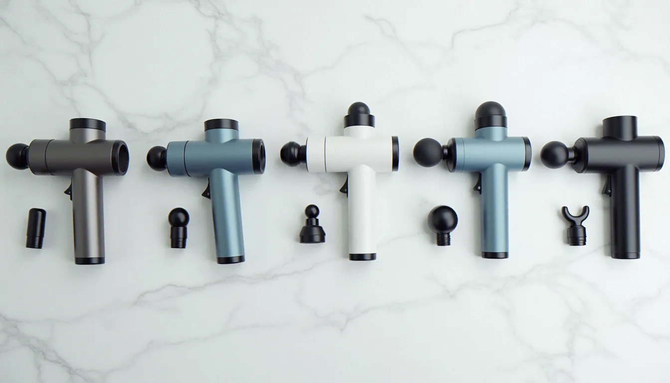 Comparatif de plusieurs modèles de pistolets de massage professionnels disposés avec leurs accessoires sur une surface blanche, représentant les appareils les plus recommandés par les kinésithérapeutes