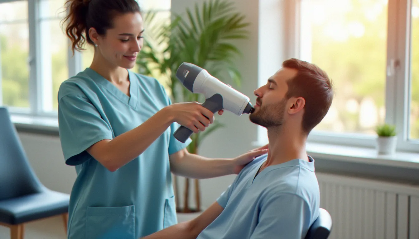Kinésithérapeute appliquant un pistolet de massage sur l'épaule d'un patient lors d'une séance professionnelle, illustrant le pistolet massage avis kiné en pratique clinique réelle