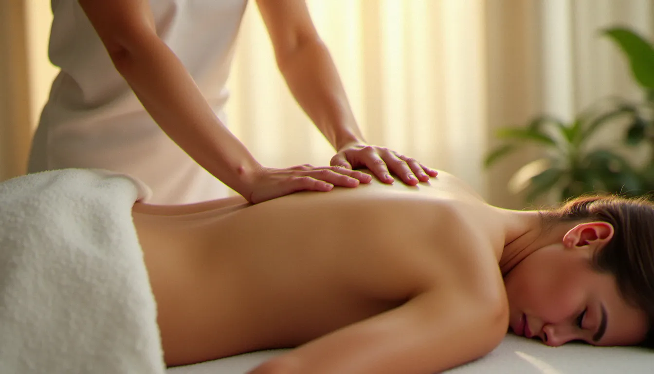 Gros plan sur les mains d'une praticienne effectuant des mouvements enveloppants sur les épaules lors d'une séance de massage californien, lumière naturelle douce et apaisante