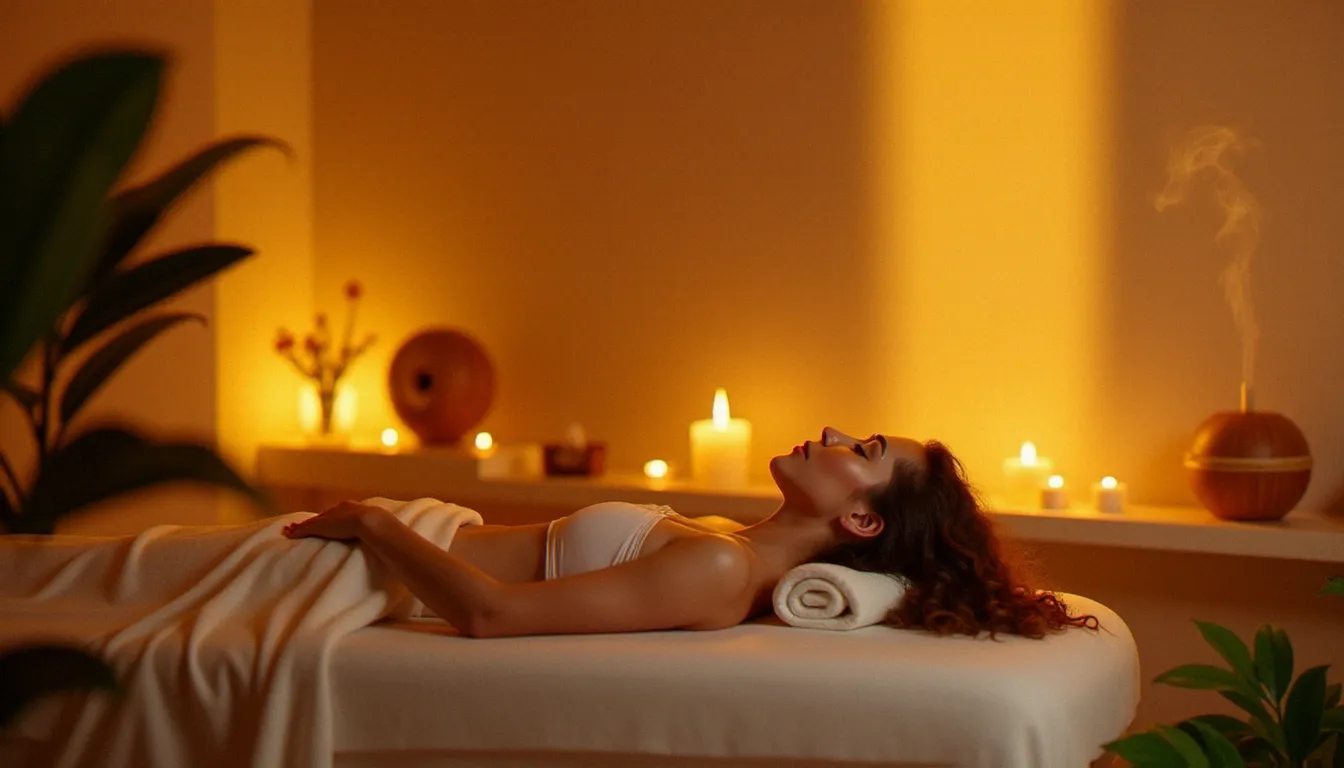 Salle de massage bien-être à l'ambiance intime et chaleureuse, cliente reposant sous un drap blanc lors d'un protocole massage californien, plantes et bougies en arrière-plan