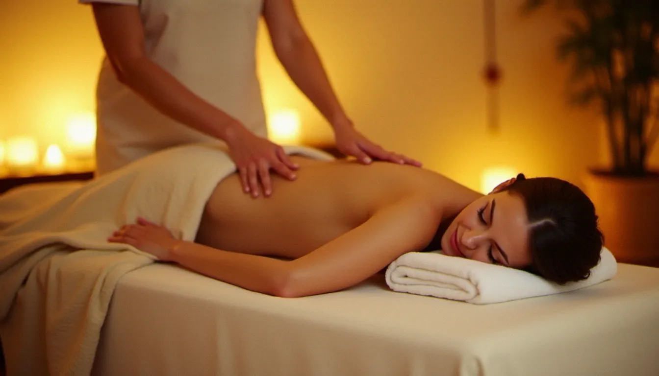 Praticienne réalisant un protocole massage californien avec de longs effleurages enveloppants sur le dos d'une cliente allongée sur une table de massage à Vichy