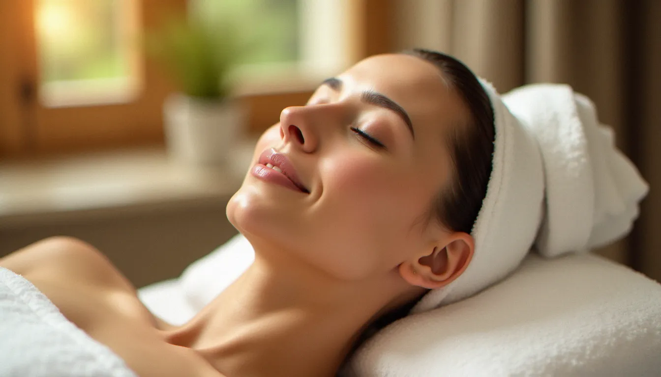 Cliente au visage apaisé et au teint lumineux allongée après une séance de massage kobido, illustrant les effets relaxants du soin sur la peau et l'expression