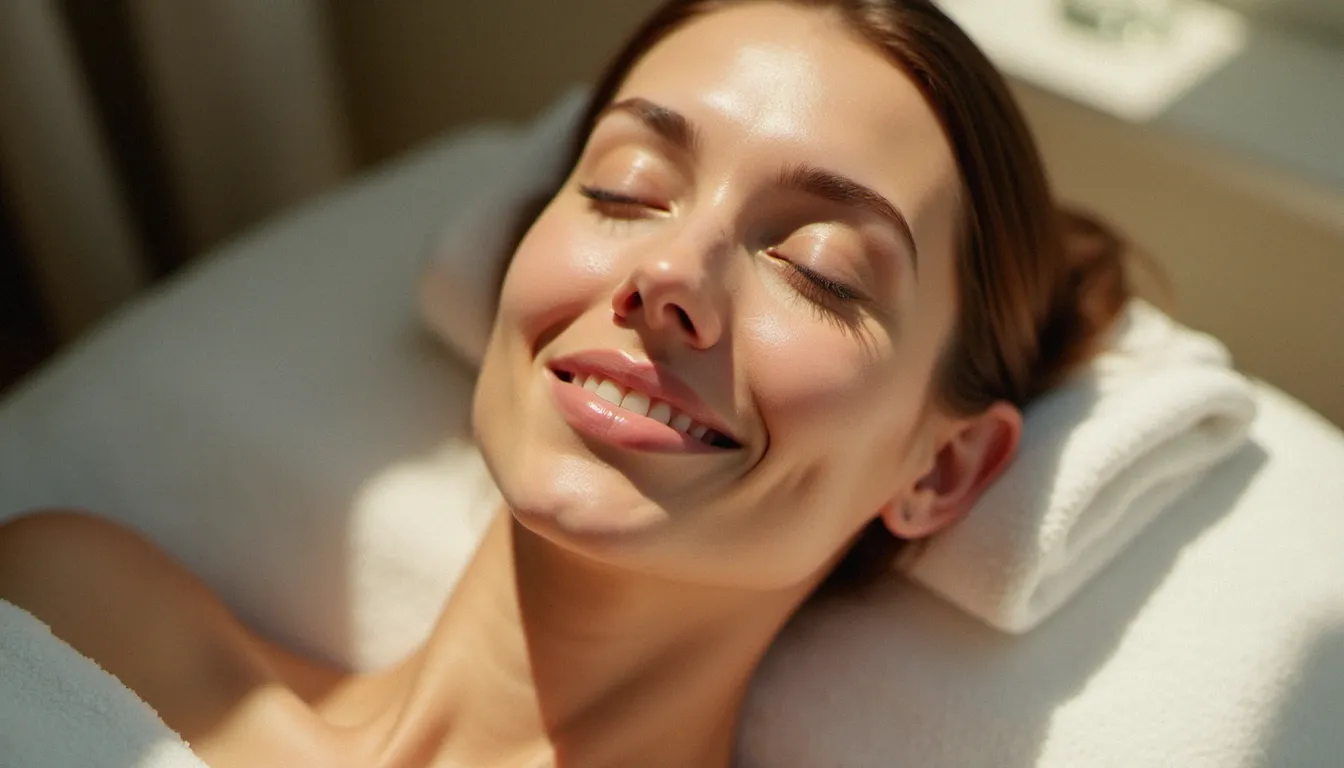 Visage d'une femme après un massage kobido, teint lumineux et expression détendue, résultat visible d'une séance de soin du visage japonais