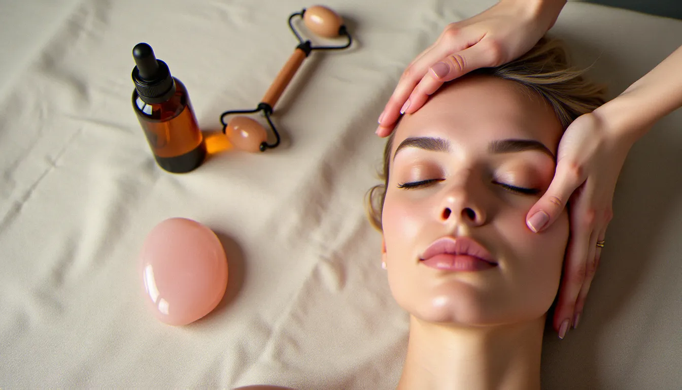 Comparaison visuelle de différents outils et techniques de soin du visage, dont le gua sha et l'huile de massage kobido, disposés sur un tissu en lin naturel avec les mains d'une praticienne en action
