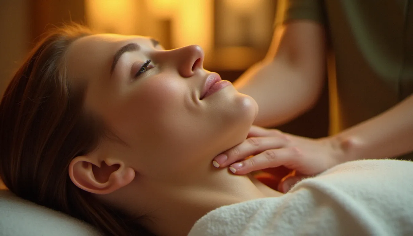 Mains d'une praticienne travaillant les points d'acupression du visage lors d'un massage kobido, technique précise sur les muscles zygomatiques