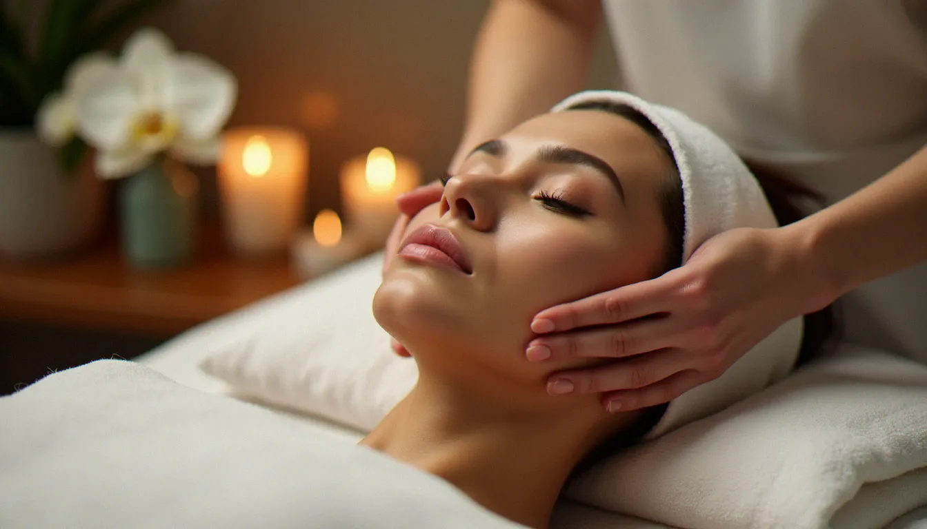 Praticienne réalisant un massage kobido traditionnel sur le visage d'une cliente allongée et détendue, dans un espace bien-être à l'atmosphère apaisante et lumineuse