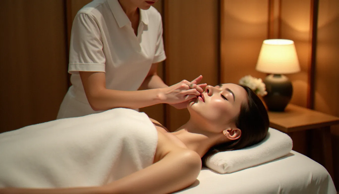Praticienne réalisant un massage kobido du visage sur une cliente allongée, dans un cabinet de bien-être à l'atmosphère apaisante