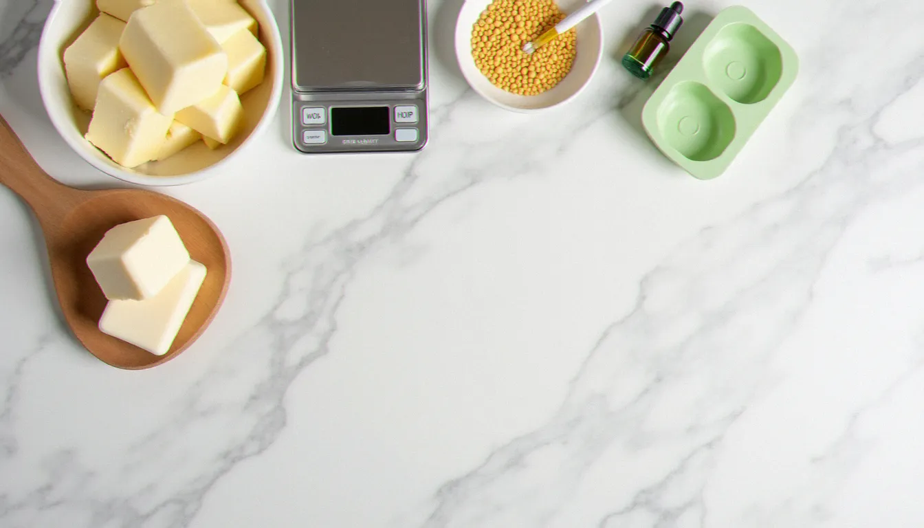 Vue de dessus des ingrédients naturels pour réaliser une barre de massage recette maison : beurre de karité, cire de candelilla, huile de jojoba, balance de cuisine et moules en silicone sur marbre blanc
