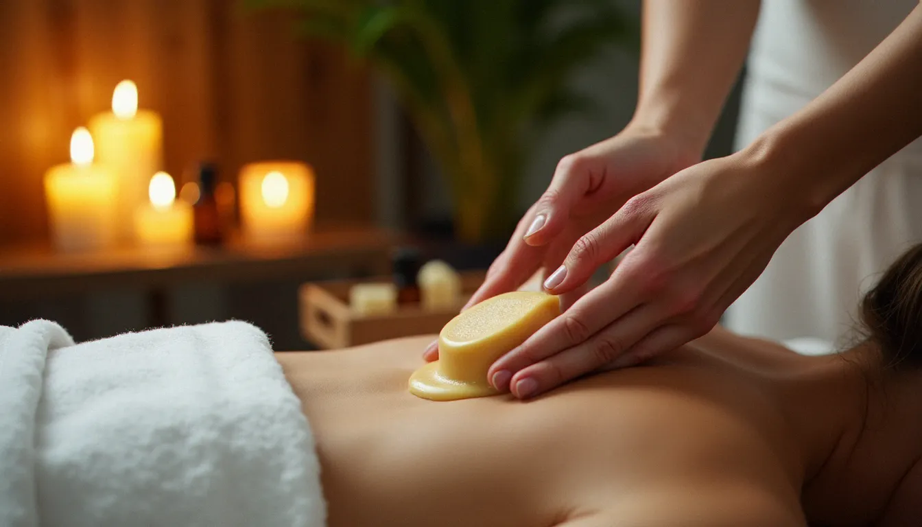 Mains appliquant délicatement une barre de massage maison sur le dos d'une personne lors d'un soin bien-être, atmosphère apaisante avec bougies et serviettes en lin blanc