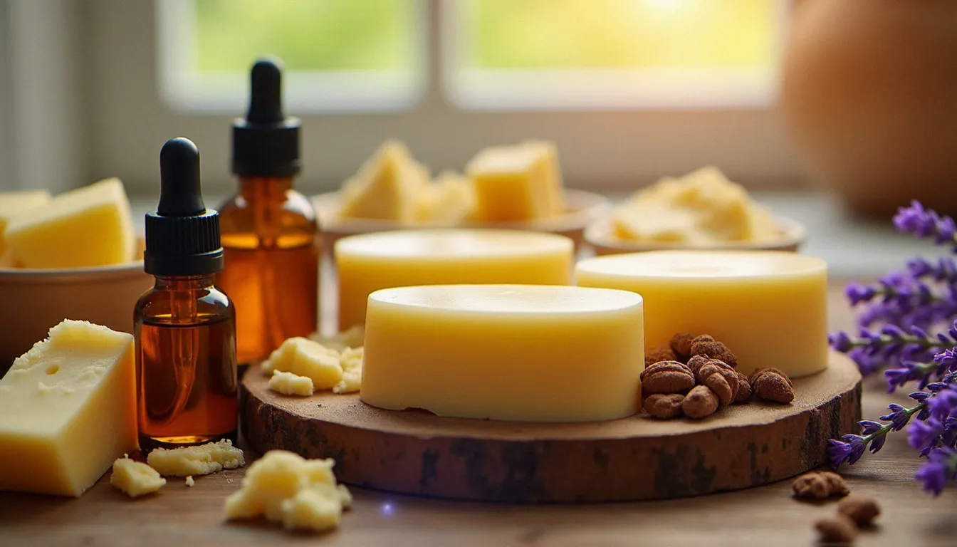 Barres de massage recette maison posées sur une planche en bois entourées de beurre de karité brut, de cacao et de flacons d'huiles essentielles dans une lumière dorée