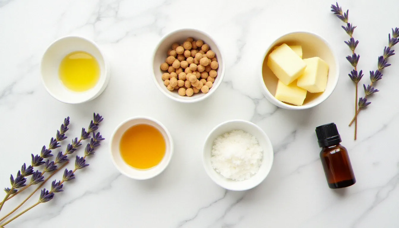 Ingrédients naturels pour baume de massage maison disposés sur marbre blanc : beurre de karité, huile de coco, cire d'abeille et huiles essentielles