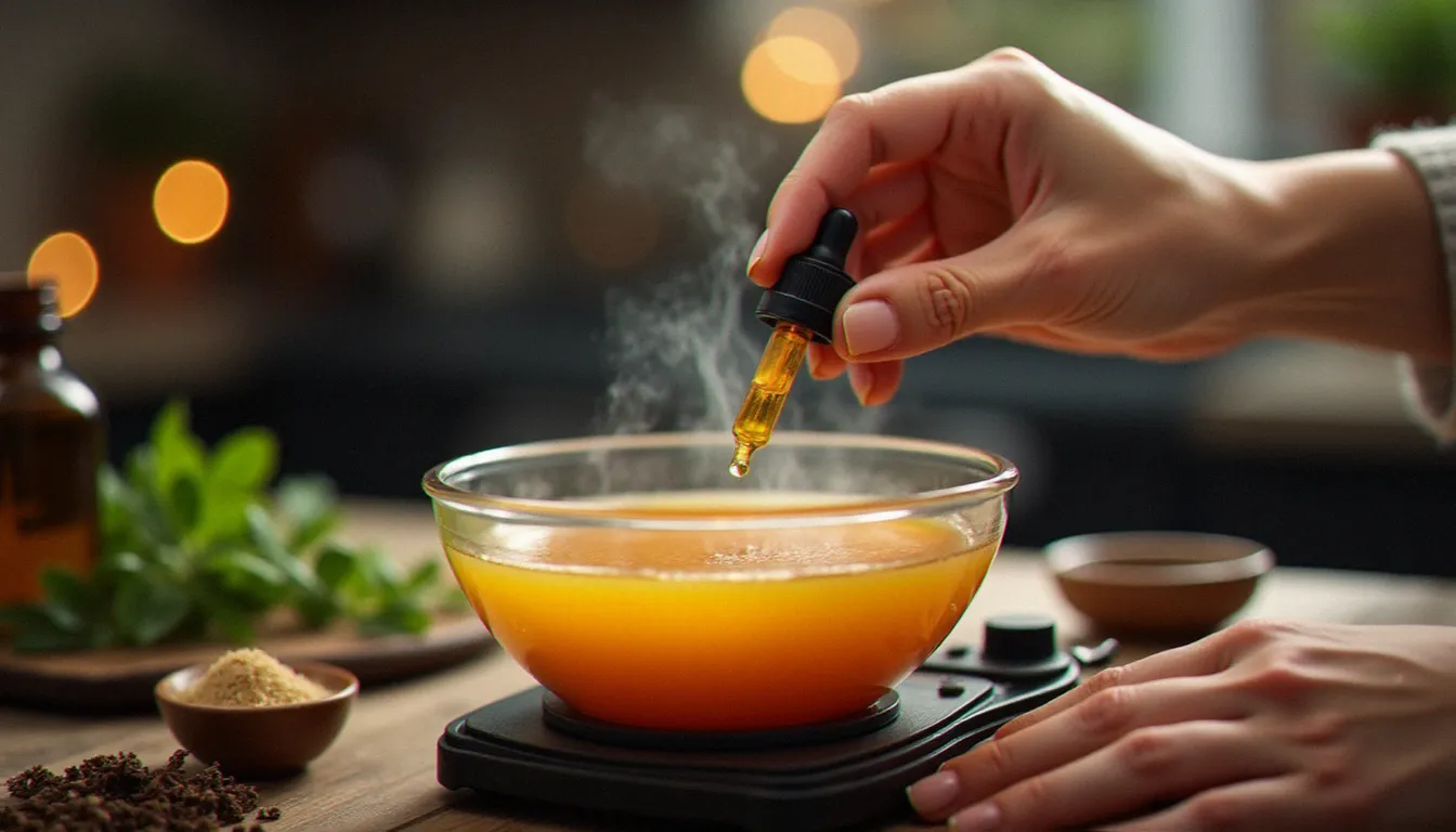 Ajout d'huiles essentielles dans un baume de massage en cours de préparation au bain-marie, vapeur légère visible, ambiance chaleureuse de cuisine