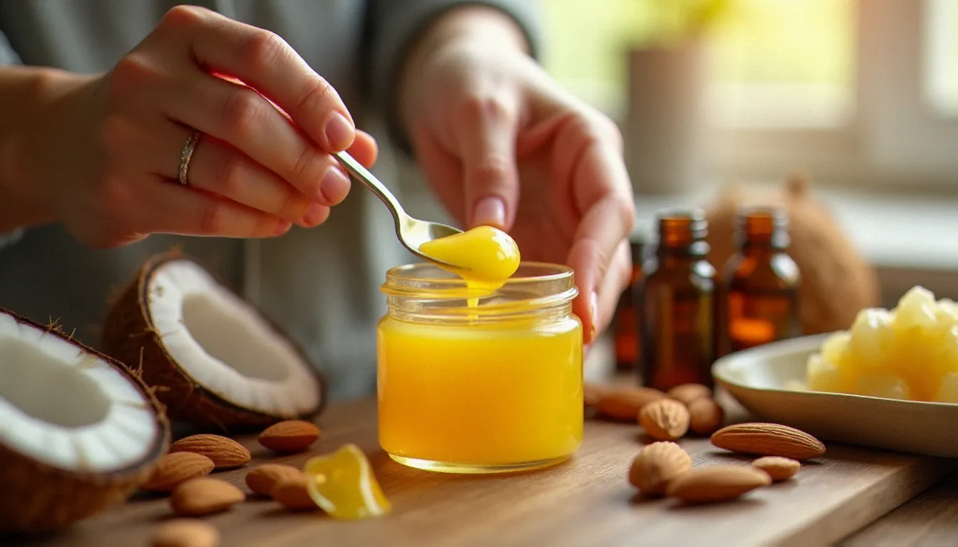 Mains préparant un baume de massage recette maison dans un pot en verre entouré d'ingrédients naturels comme la cire d'abeille et les huiles essentielles