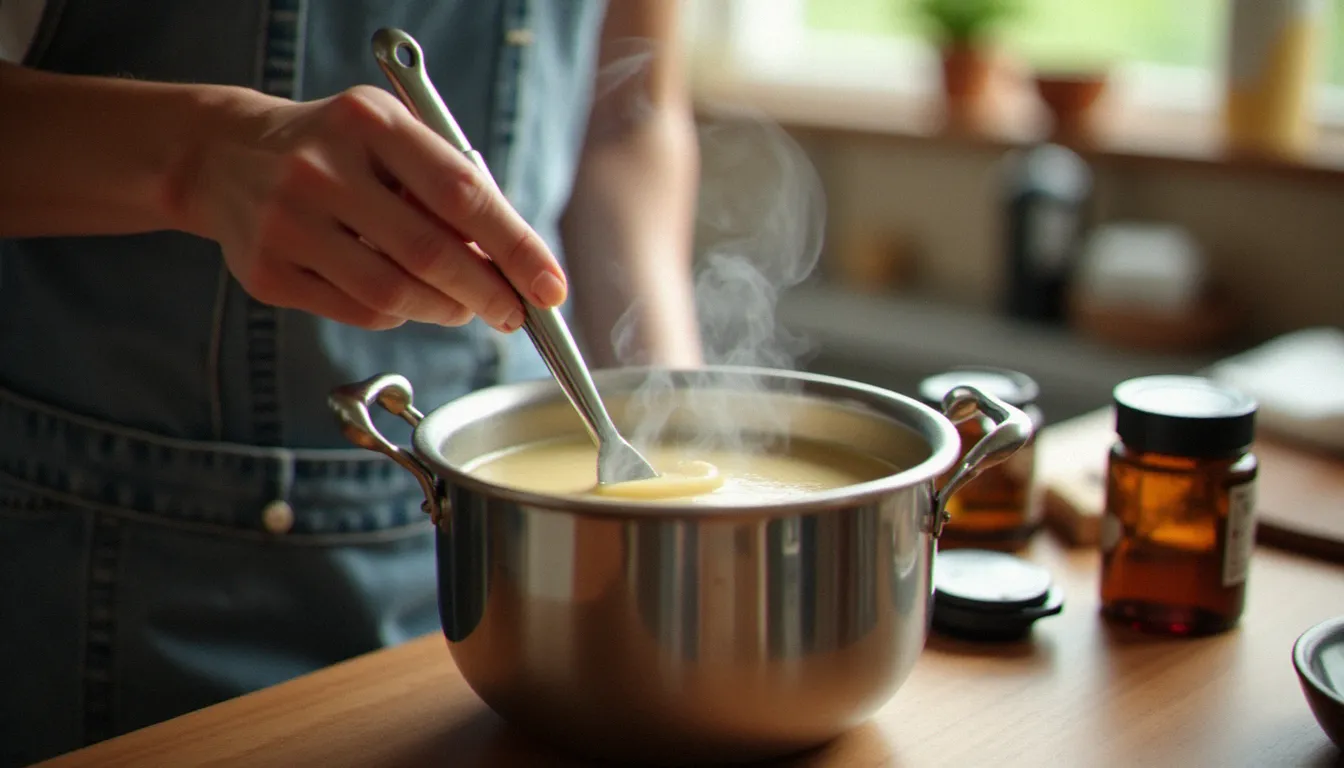 Femmes mains remuant de la cire de soja fondue au bain-marie avec thermomètre pour réaliser une chandelle de massage recette maison