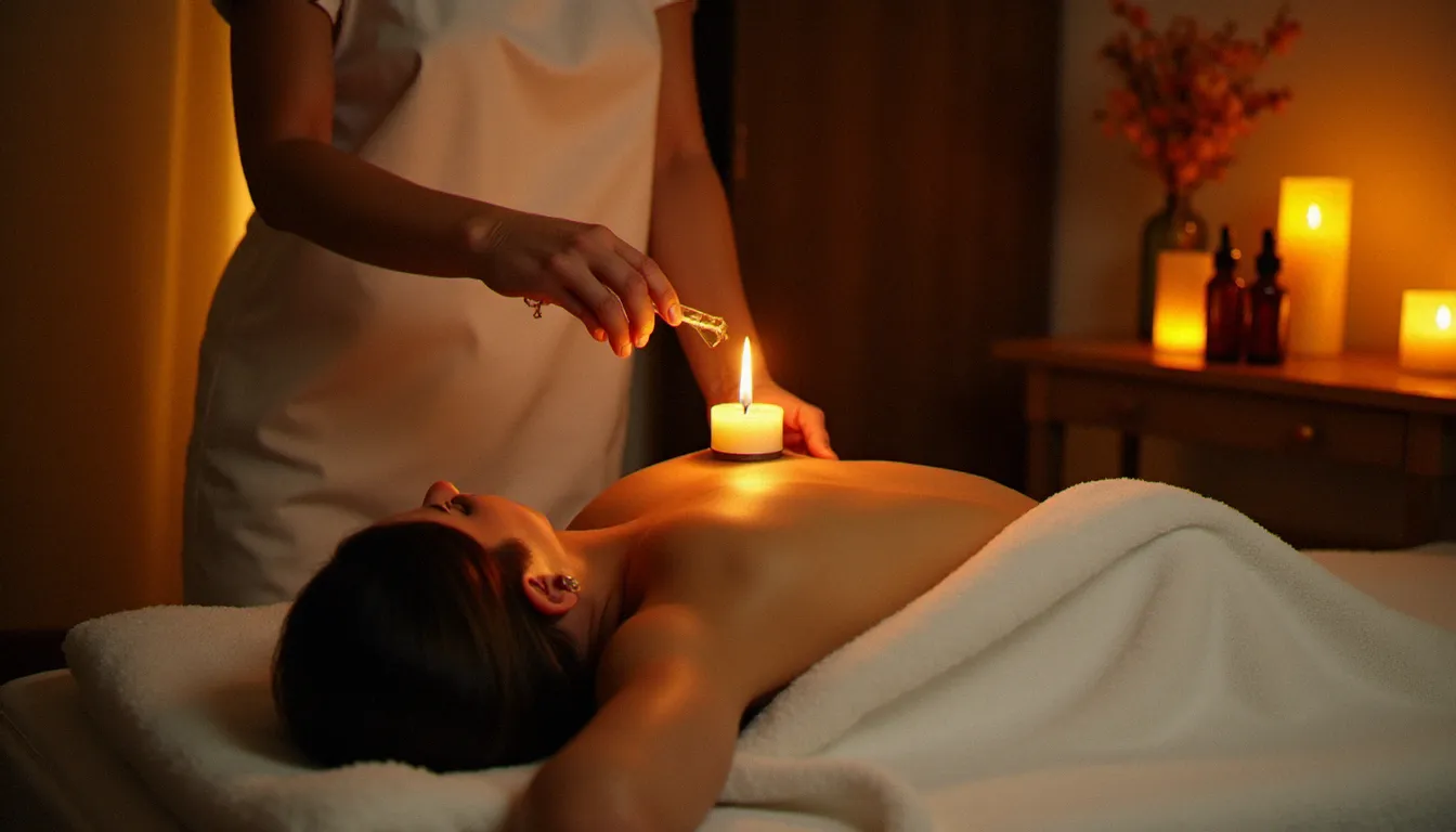 Praticienne versant l'huile fondue d'une chandelle de massage sur le dos d'une personne allongée lors d'un soin bien-être dans une ambiance intimiste aux bougies