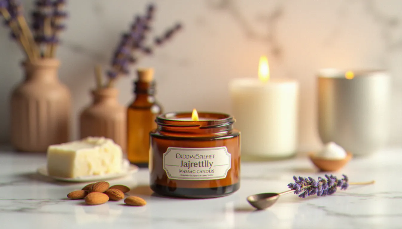 Chandelle de massage recette maison dans un pot en verre ambré entouré d'ingrédients naturels — huile d'amande douce, beurre de karité et lavande séchée — sur marbre blanc