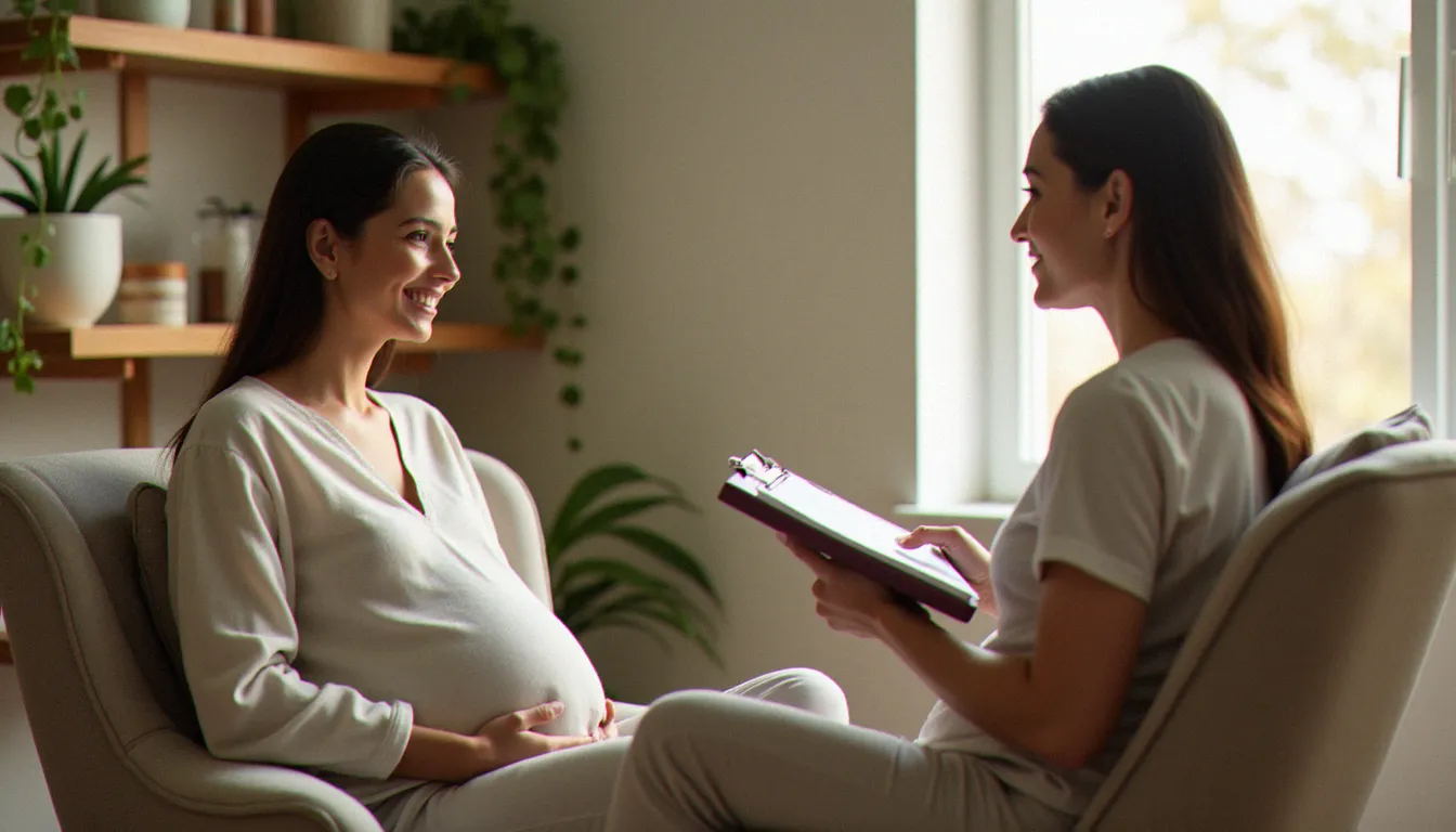 Une femme enceinte en consultation préalable avec une praticienne bien-être avant une séance de massage prénatal adapté et sécurisé