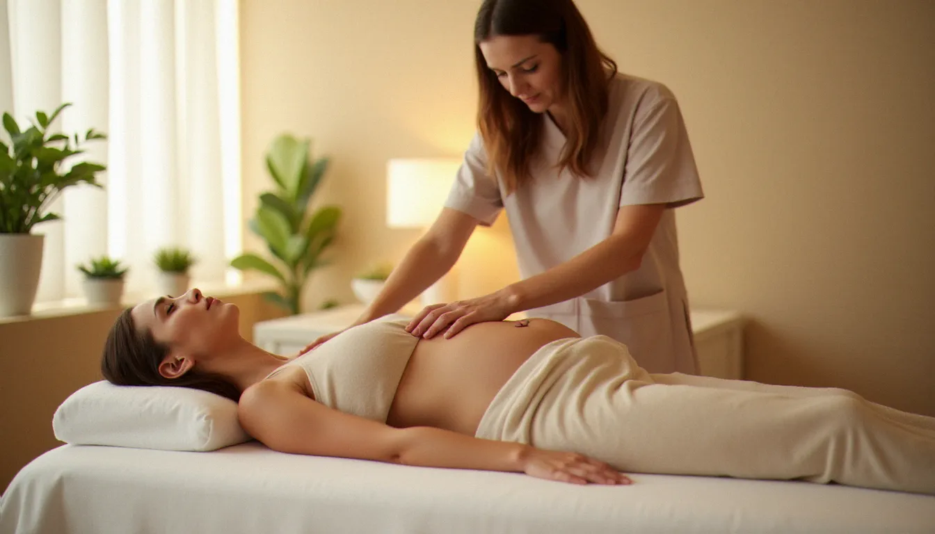 Une femme enceinte allongée sur le côté recevant un massage prénatal doux, illustrant les précautions essentielles liées au danger massage femme enceinte