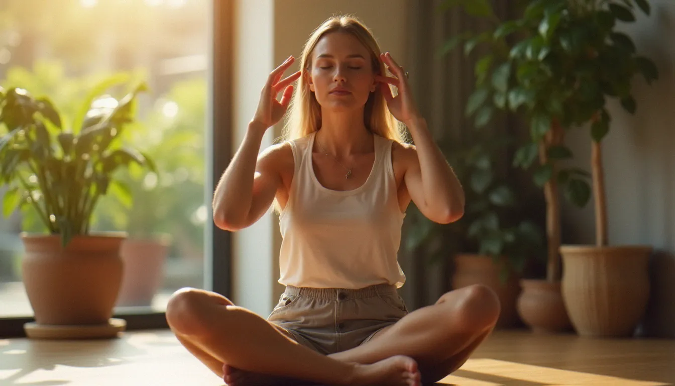Femme pratiquant un auto-massage du cuir chevelu à la maison, yeux fermés, expression sereine, lumière chaude naturelle