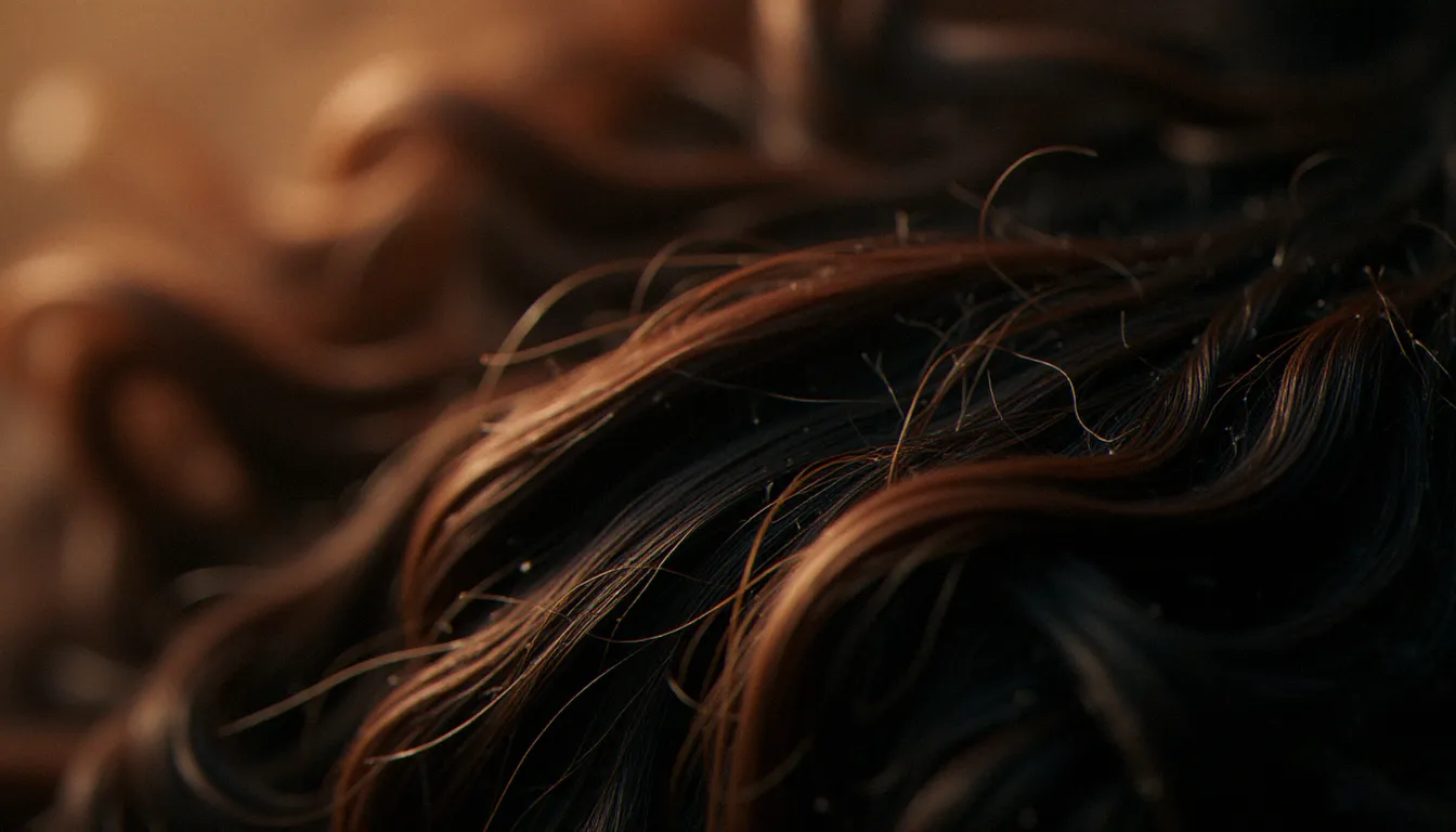Gros plan sur un cuir chevelu sain avec des cheveux denses et brillants, illustrant l'effet du massage sur la santé capillaire