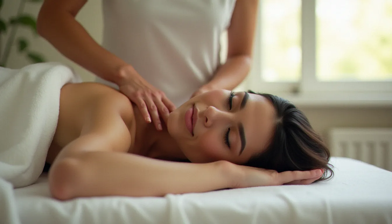 Praticienne effectuant un massage du cuir chevelu sur une femme détendue allongée sur une table de massage, lumière naturelle douce
