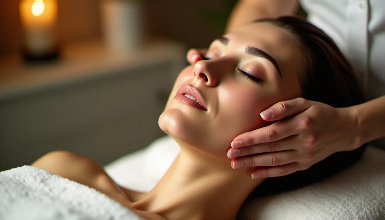 Geste de drainage lymphatique facial le long de la mâchoire et du cou pour activer l'effet détoxifiant du massage visage