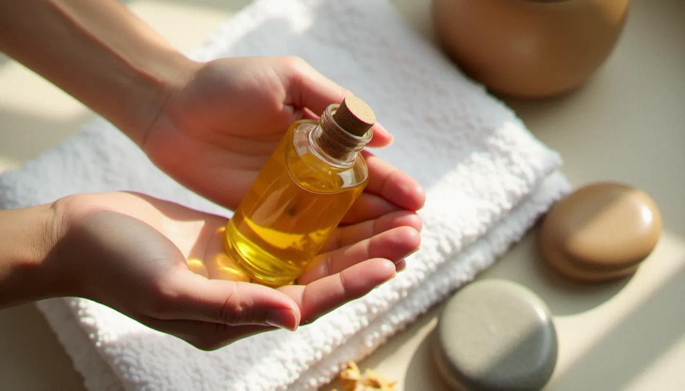 Huile végétale dorée et pierre de massage pour optimiser l'effet du massage visage selon le type de peau