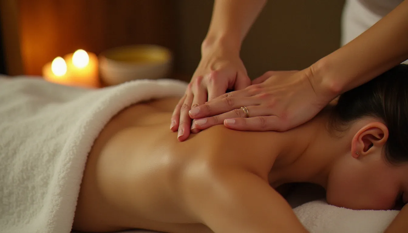 Gros plan sur les mains expertes d'une masseuse travaillant les tensions cervicales d'une cliente lors d'une séance bien-être personnalisée à Vichy
