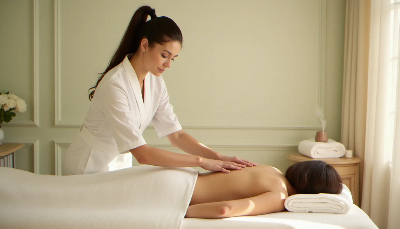 Praticienne réalisant un massage du dos sur une cliente à Vichy dans une salle de soin apaisante — reflet des avis positifs sur le massage Amélie