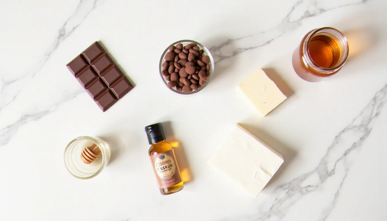 Ingrédients de la recette massage au chocolat disposés sur marbre blanc : chocolat noir, beurre de cacao, huile de jojoba et miel