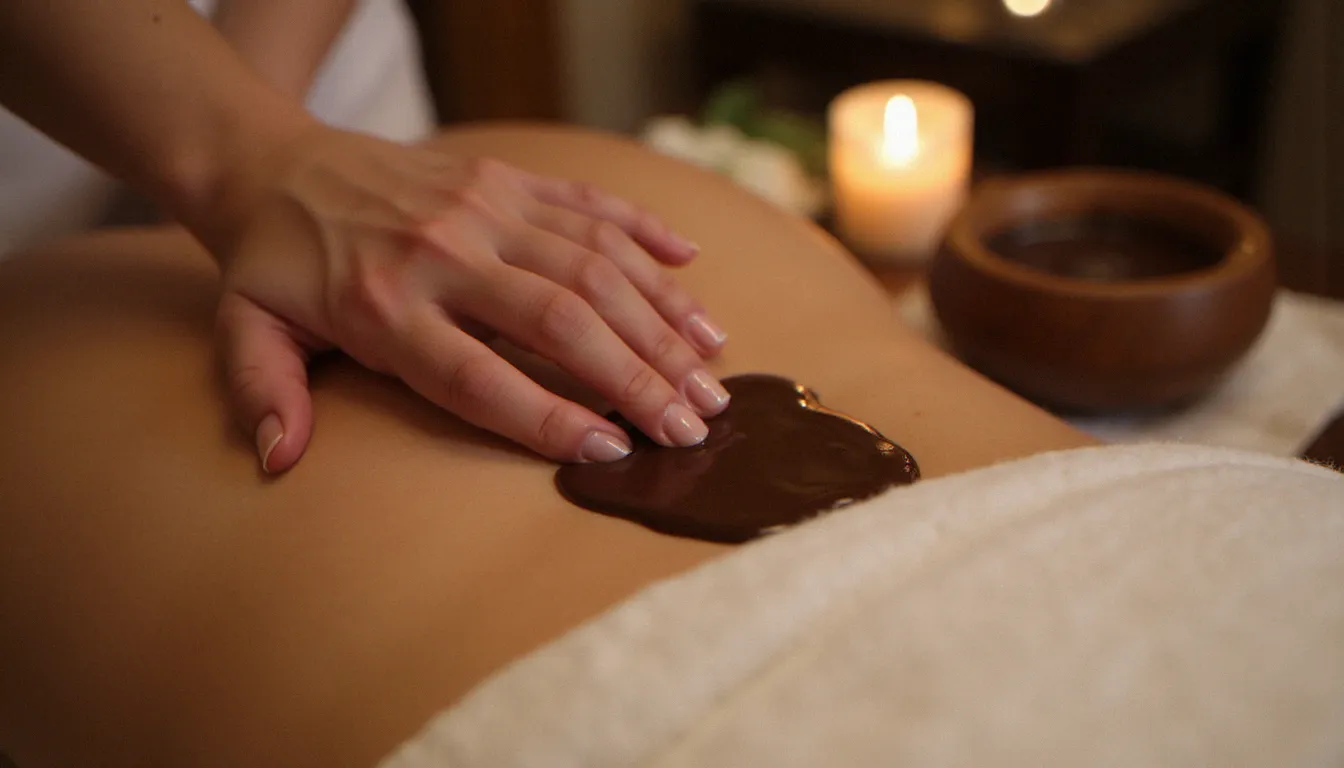 Massage au chocolat recette maison appliqué sur le dos d'une femme avec du chocolat noir fondu dans un bol en bois, ambiance spa à la lumière des bougies