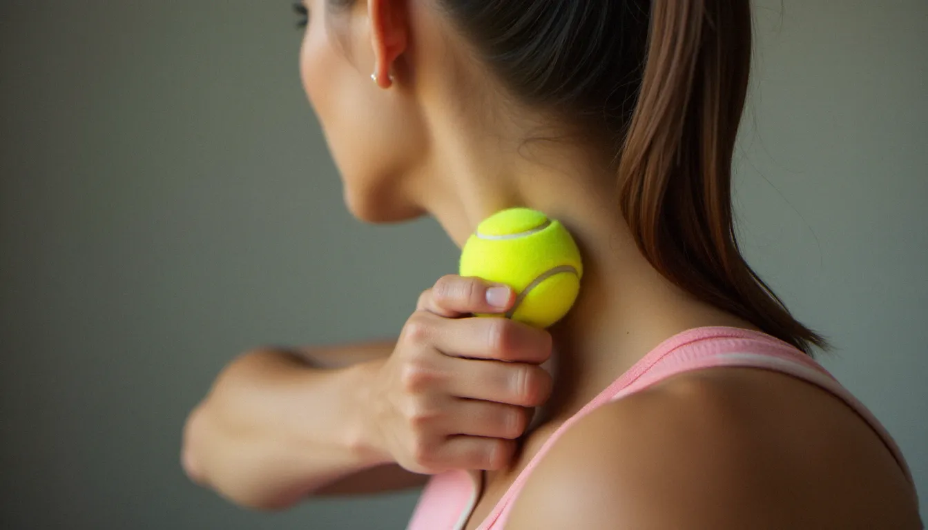 Gros plan d'une main pressant une balle de tennis contre le muscle trapèze au niveau de l'épaule, technique de massage avec balle de tennis ciblant les points de tension cervicaux