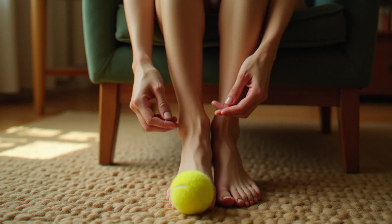 Vue de dessus d'une femme faisant rouler une balle de tennis sous la plante du pied assis sur une chaise en bois, massage avec balle de tennis pour soulager la fatigue plantaire