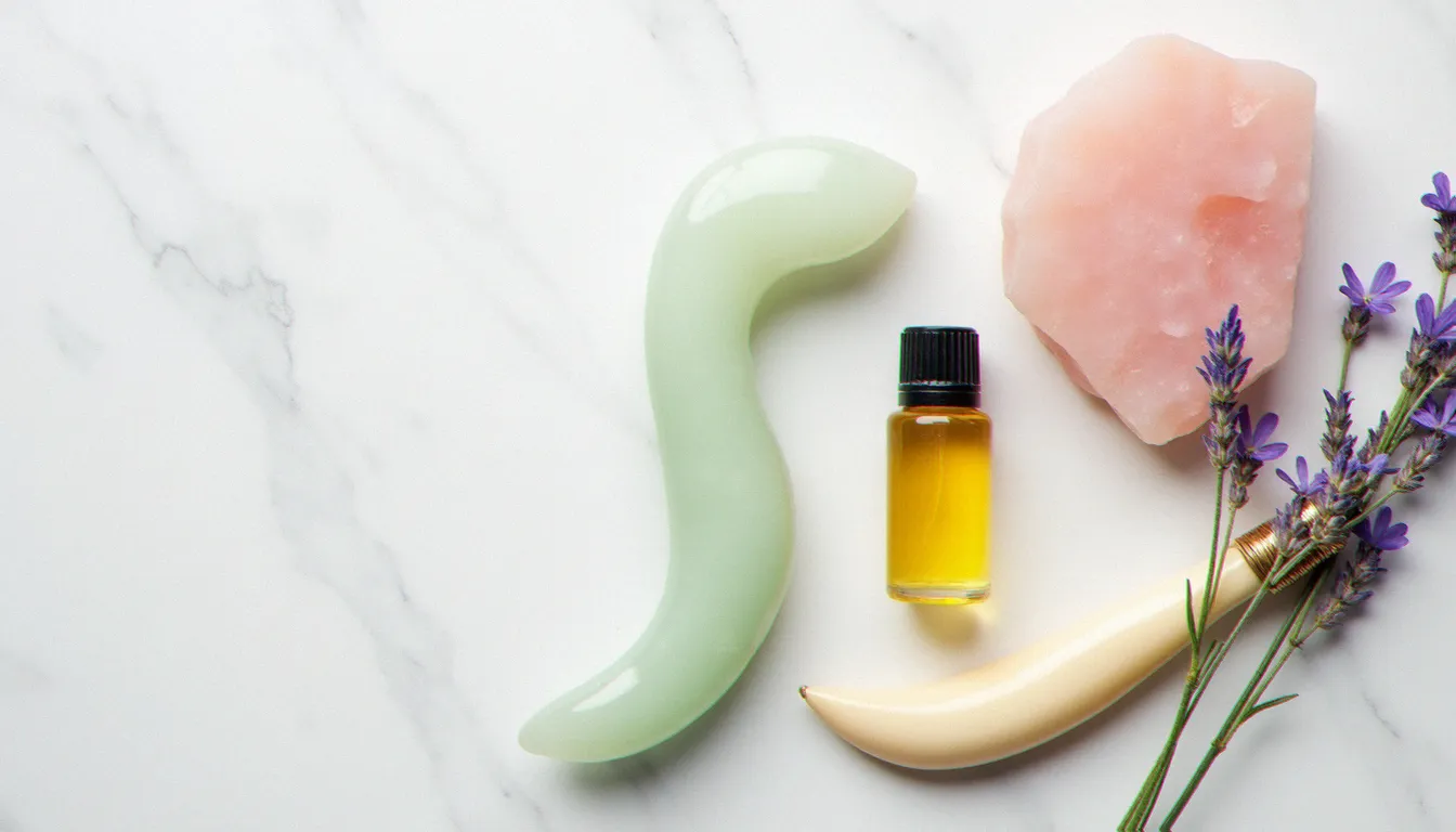 Vue de dessus des outils de gua sha disposés sur marbre blanc : pierres de jade et de quartz rose, corne de buffle et flacon d'huile végétale
