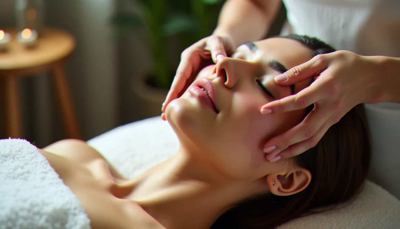 Femme recevant un massage gua sha du visage avec une pierre de quartz rose sur les pommettes, dans un cabinet de bien-être à l'éclairage doux et naturel