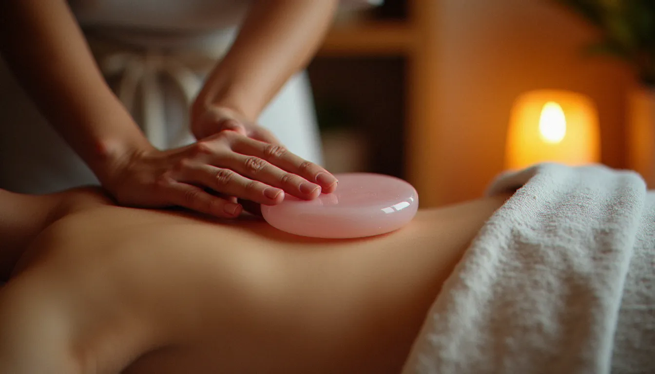 Praticienne réalisant un massage avec gua sha sur le dos d'une cliente en utilisant une pierre de quartz rose, dans un espace bien-être lumineux et apaisant