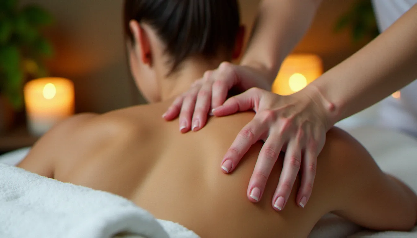 Massage des épaules et de la nuque avec une huile essentielle de menthe poivrée diluée, les mains du praticien effectuant des frictions circulaires sur la peau légèrement rosée