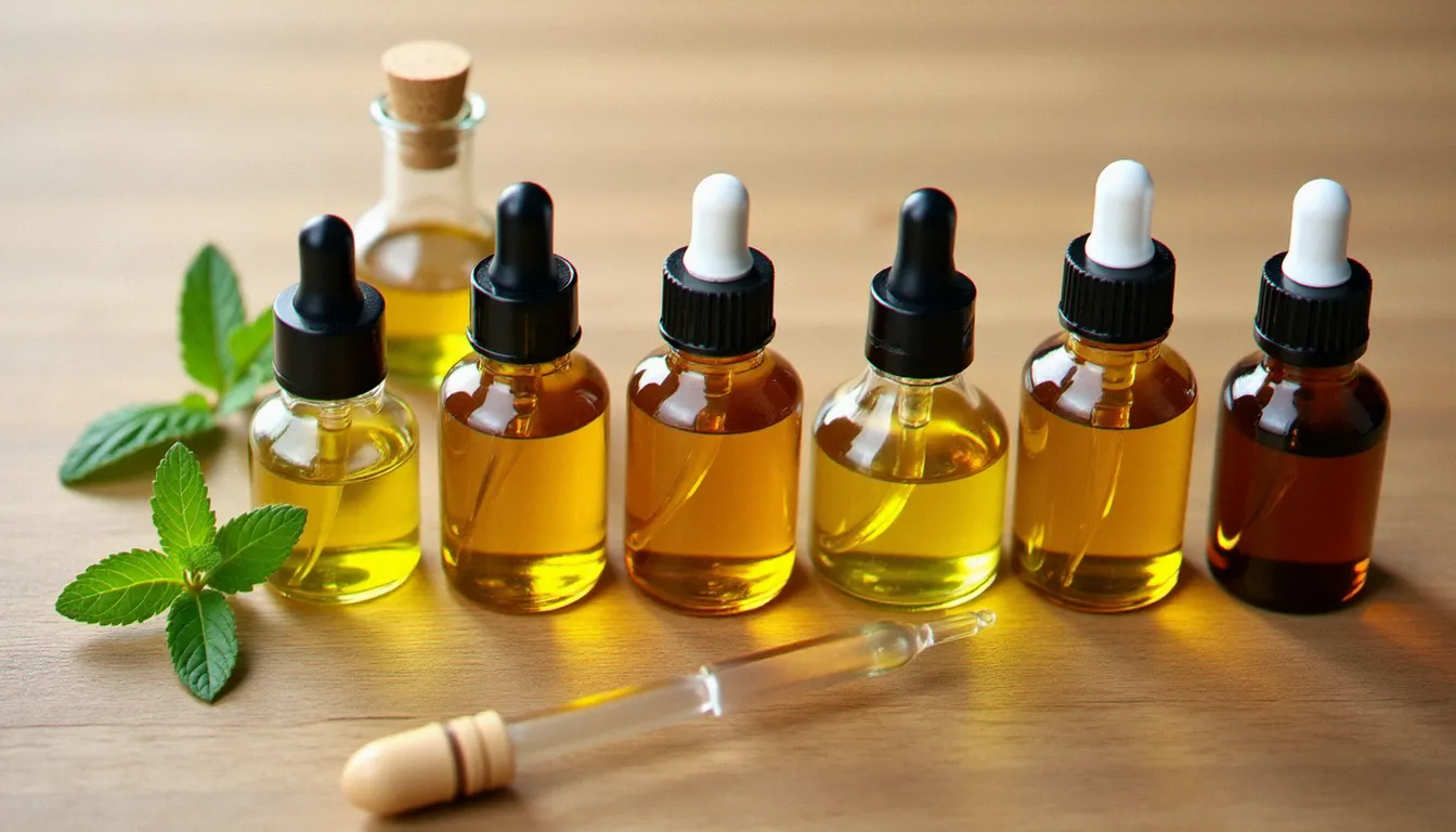 Cinq huiles végétales de base pour diluer l'huile essentielle de menthe poivrée avant le massage, présentées en flacons en verre sur un plateau en bois naturel avec des feuilles de menthe fraîche