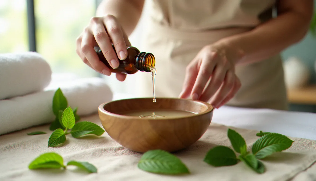 Préparation d'une huile de massage avec huile essentielle menthe poivrée dans un flacon en verre ambré, posé sur une table de massage en lin naturel avec des feuilles de menthe fraîche